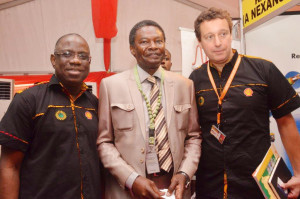 L-R: Managing Director, Shell Nigeria Exploration and Production Company Ltd (SNEPCo), Mr. Bayo Ojulari; Manager, Monitoring, Nigerian Content Development and Monitoring Board (NCDMB), Mr. William Arikekpar; and SNEPCo's Finance Director, Ralph Wetzels, at the 2015 SNEPCo Nigerian Content Exhibition in Lagos, on Thursday.