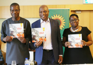 L-R: General Manager, External Relations, Shell Petroleum Development Company, Mr. Igo Weli; Managing Director SPDC and Country Chair, Shell Companies in Nigeria, Mr. Osagie Okunbor; and Communications Manager, Mrs. Sola Abulu, at the official launch and presentation of Shell Briefing Notes to energy editors in Lagos… on Friday.