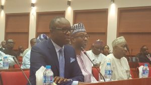 From left: The Honourable Minister of State for Petroleum Resources, Dr. Emmanuel Ibe Kachikwu; Senior Technical Adviser on Policy and Regulation to the Minister, Mr. Adegbite Adeniji; and Director, Gas Department at the Ministry of Petroleum Resources, Mr. David Hassan at the public hearing today.