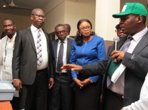 (L-R) General Manager, External Relations (NLNG), Kudo Eresia-Eke;  Vice Chancellor, University of Nigeria, Nsukka (UNN), Professor Benjamin Ozumba; Deputy Managing Director (NLNG), Sadeeq Mai-Bornu; and Deputy Governor, Enugu State, Mrs. Cecilia Ezeilo being briefed on engineering research equipment during the commissioning of the NLNG/UNN Engineering Laboratories under NLNG’s University Support Programme (USP)…recently. 