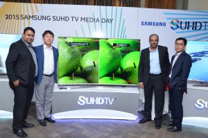 : Mr. Parikshit Chandna, Head, Consumer Electronics; Mr. Brovo Kim, Managing Director, Samsung Electronics West Africa; Mr. Sunil Kumar, Director, Consumer Electronics and Mr. Bojoong Kim, Business Development Manager, Visual Display all of Samsung Electronics West Africa, at the launch of the Sensational Samsung SUHD TV at Four Points By Sheraton, VI, Lagos