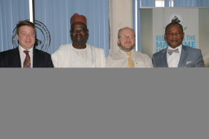 R-L: Mr. Edward Dunn Political Officer, Niger Delta of the British High Commission, Mr. Haruna Baba Jauro, Ag. Director General, Nigerian Maritime Administration and Safety Agency (NIMASA), Commander Shaun Quinn, BMATT Staff Officer and the Executive Director, Maritime Labour and Cabotage Services, NIMASA when the British Military Advisory and Training Team (BMATT) paid a courtesy visit to the Head Quarters of the Agency in Lagos. 
