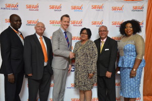  L-R: Mr. Mike Owope, Executive Director, SIFAX Off Dock Nigeria Limited; Mr. John Jenkins, Managing Director, Ports & Cargo Handling Services Limited; Mr. Markus Brinkmann, Managing Director, SIFAX Shipping Company Limited; Mrs. Afolashade Afolabi, Chairman, SIFAX off dock Nigeria Limited; Mr. Rizwan Kadri, Chief Operating Officer, Skyway Aviation Handling Company Limited (SAHCOL) and Dr. Fola Rogers,  Executive Secretary to the Djibouti Honorary Consul in Nigeria, at the media launch of the SIFAX Group new brand identity, in Lagos