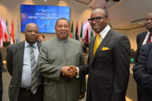Honourable Minister of State for Petroleum Resources, Dr. Ibe Kachikwu with newly appointed Secretary General of the Organization of the Petroleum Exporting Countries, Dr. Mohammed Sanusi Barkindo at the OPEC Conference in Vienna after Barkindo’s emergence…. left is Head of Chancery Nigeria Embassy in Austria Austria Mr. Gazing Dangtim 