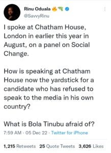 Rinu Slams Tinubu For Ignoring Media Debate And Went To Chatham House London