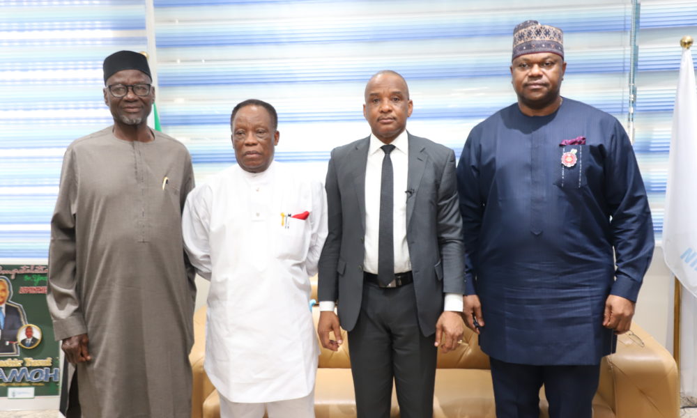L-R: Executive Director, Maritime Labourand Cabotage Services, Nigerian Maritime Administration and Safety Agency, NIMASA, Engr. Victor Ochei; Director General NIMASA, Dr. Bashir Jamoh OFR; Chairman, CabotageVessel Financing Fund (CVFF) Committee of the Nigerian Indigenous Shipowners Association (NISA), Dr. Edward Sohwo and Executive Director Operations NIMASA, Mr ShehuAhmed during a visit by the NISA CVFF Steering Committee to the NIMASA headquarters.