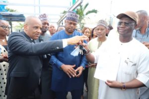 R-L: Director General, of Nigerian Maritime Administration and Safety Agency (NIMASA), Dr Bashir Jamoh, OFR; Head, Financial Services of NIMASA, Mr. Abdullahi Mustapha; Executive Director Maritime Labour and Cabotage Services, Engr. Victor Ochei; Head, Maritime Labour Dept. Mr. Aliyu Lawan; and President General, Maritime Workers’ Union of Nigeria, Comrade Adewale Adeyanju. During the presentation of keys to a 16 Seater Bus and Hilux vehicle at the headquarters of NIMASA in Lagos.