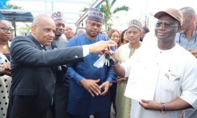 R-L: Director General, of Nigerian Maritime Administration and Safety Agency (NIMASA), Dr Bashir Jamoh, OFR; Head, Financial Services of NIMASA, Mr. Abdullahi Mustapha; Executive Director Maritime Labour and Cabotage Services, Engr. Victor Ochei; Head, Maritime Labour Dept. Mr. Aliyu Lawan; and President General, Maritime Workers’ Union of Nigeria, Comrade Adewale Adeyanju. During the presentation of keys to a 16 Seater Bus and Hilux vehicle at the headquarters of NIMASA in Lagos.