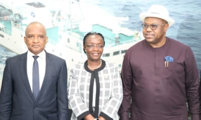 L-R: Director General, Nigerian Maritime Administration and Safety Agency (NIMASA), Dr Bashir Jamoh, OFR; Director Legal/ Board Secretary of Ghana Maritime Authority (GMA), Mrs. Patience Diaba and Executive Director Maritime Labour and Cabotage Services NIMASA, Engr. Victor Ochei during a study visit by members of the Ghana Maritime Authority at the NIMASA headquarters in Lagos