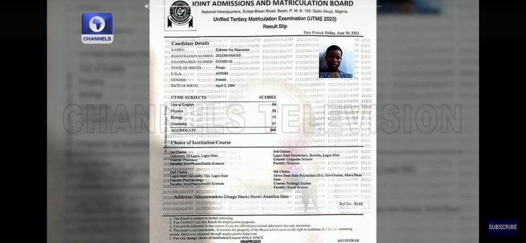 JAMB Publishes Mmesoma's Genuine UTME Result Slip