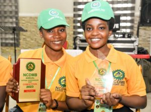 First prize winner of the 7th Nigerian Content Annual National Undergraduate Essay Competition, 2023, Miss Iruoma Favour Lazarus andthe second prize winner, Miss Lucy Agbalu, at the grand finale held on Wednesday at the Lady Daima Memorial Event Center, Yenagoa, Bayelsa State.